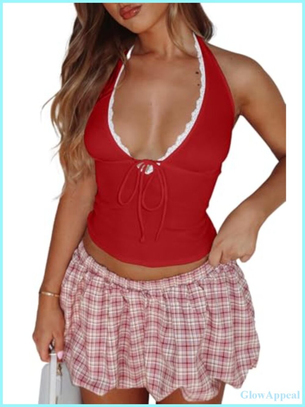 Lace Halter Tank Top Deep V Neck Backless Slim Fit Ribbed Going Out